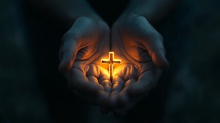 Hands Gently Holding Glowing Cross in the Dark