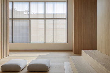 Fototapeta premium Minimalist interior design with two cushions by large windows in a serene setting