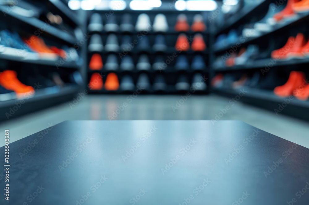 Poster empty table in a stylish store with blurred shoes on shelves creates a modern and inviting atmospher