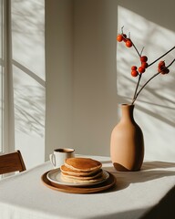 Still life with pancakes and a minimalist interior setting