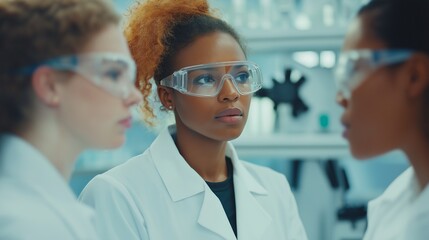 A group of diverse female STEM professionals engages in discussion while wearing lab coats and safety goggles, focused on scientific research in a contemporary laboratory. Generative AI