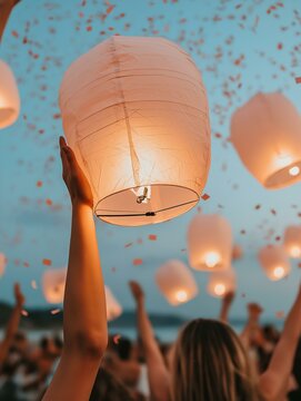Lantern release festival with sky full of illuminated lanterns