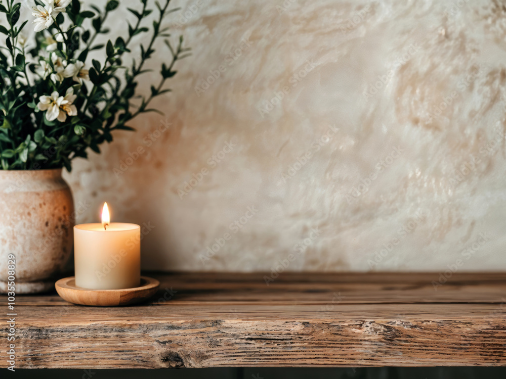 Poster Burning candle is illuminating an empty rustic wooden table with flowers in a vase, creating a peaceful and serene atmosphere