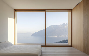 Fototapeta premium Modern bedroom with expansive windows offering stunning mountain and lake views at sunrise