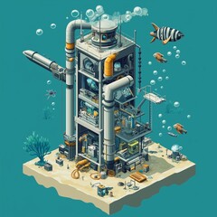An intricately designed underwater research facility features multiple levels filled with scientific equipment, surrounded by various aquatic life and bubbles in a deep blue ocean. Generative AI