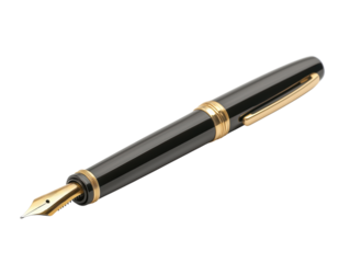 Elegant black fountain pen with gold accents, isolated on a white background.