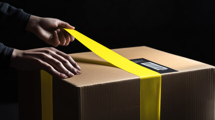 Warehouse worker is sealing a cardboard box using yellow packaging tape