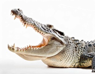 Obraz premium Large Crocodile (Crocodylidae) head open mouth isolated on white background. 