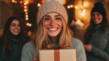 Woman Holding Christmas Gift: Festive Cheer