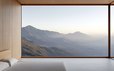 Peaceful morning view from a minimalist bedroom overlooking misty mountains at dawn