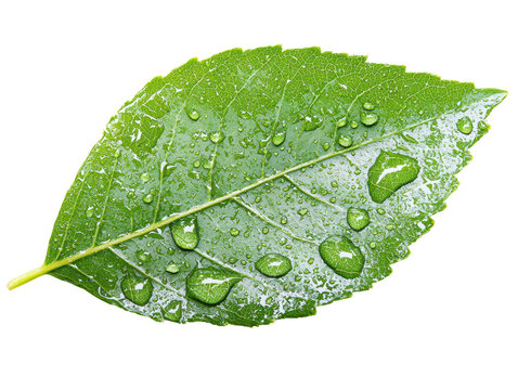 Fresh green leaf with water droplets, white isolate background.