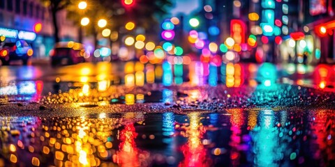 Obraz premium A Kaleidoscope of Colors Reflected in a Puddles on a Wet Pavement After a Rain Shower