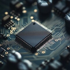 This macro capture showcases a microchip with intricate circuitry, revealing fine details and connections on its surface against a dark backdrop. Generative AI