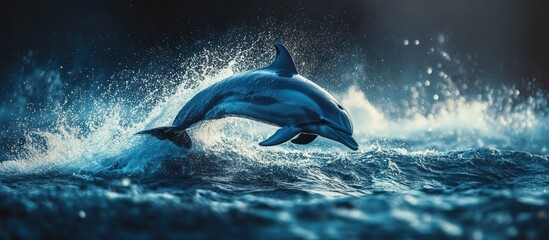 Obraz premium A dolphin leaps out of the water, creating a spray of water.