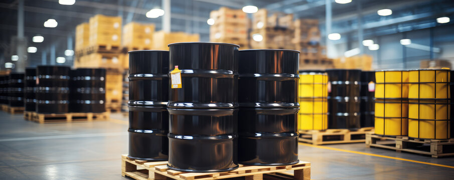 Black metal barrels stacked on pallets in warehouse storage