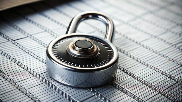 Close-up of a metallic combination lock on a patterned surface.
