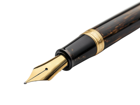 Luxury fountain pen with golden nib on a white isolated background.