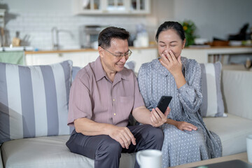 An elderly couple sits together in their cozy living room, smiling and enjoying a moment as they look at something on a smartphone. Their warmth and affection capture a peaceful home atmosphere.