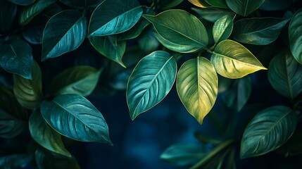 Close-Up of Tropical Leaves on Deep Blue Background - Nature's Beauty