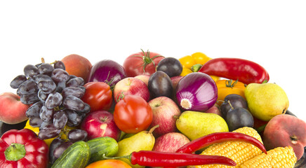 fruits and vegetables isolated on a white background. Free space for text. Wide photo.
