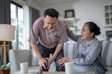An elderly couple sits in their living room. The man holds his knee, appearing to be in discomfort, while his partner offers support. The image conveys care, concern, and the bond between the couple.