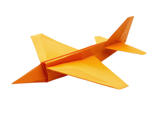 Orange origami airplane model, isolated on white background.
