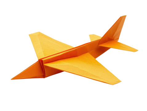 Orange origami airplane model, isolated on white background.