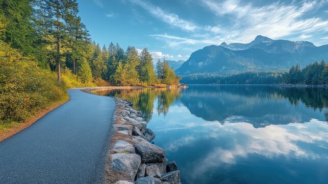 A paved path winds along a lake shore with a mountain range in the background, surrounded by a forest in the foreground.  The lake is calm and reflects the sky and clouds.