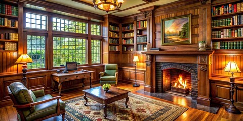 Naklejka premium Refined Arts and Crafts Inspired Study with Oak Wainscoting and Fireplace