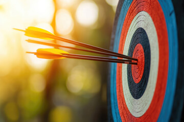 Three arrows hitting center of archery target