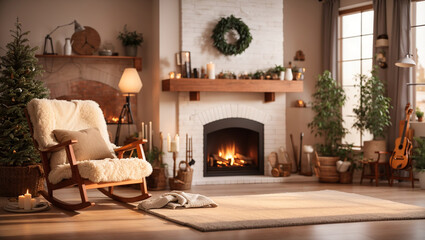 Fototapeta premium Cozy living room with a fireplace, rocking chair, Christmas decorations, and greenery. Warm lighting.