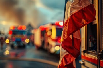 Fototapeta premium Close-up image of a fire station's flagpole with the national flag waving