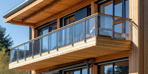Modern wooden balcony with glass railing on luxury home