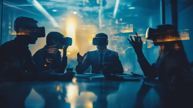 Participants are immersed in a virtual reality environment, collaborating and problem-solving together during a remote team building event, enhancing teamwork and communication skills. Generative AI