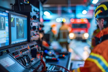 Fire station's control room with computer monitors and communication devices