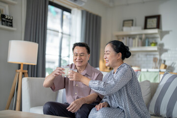 An elderly couple enjoys a peaceful moment at home, sharing smiles and drinks. The warm and cozy atmosphere emphasizes their deep connection, happiness, and the comfort of spending time together.