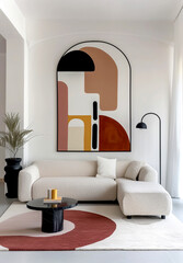 Minimalist, japandi style interior design of modern living room with a curved boucle sofa, abstract arched wall art, and bold geometric rug.