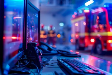 Fire station's control room with computer monitors and communication devices