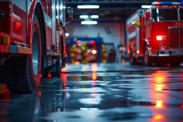 Fire station garage with fire trucks parked inside