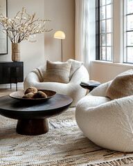 Minimalist, scandinavian interior design of modern living room. Two boucle armchairs near round black coffee table.