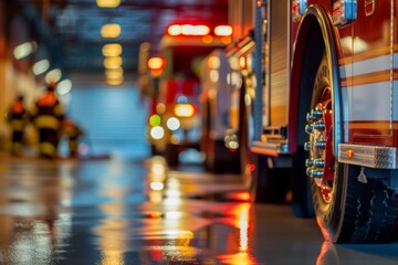 Fire station garage with fire trucks parked inside