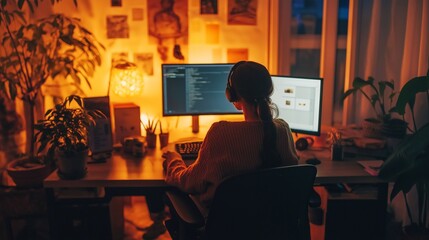 Fototapeta premium In a cozy home office illuminated by warm lighting, a remote worker focuses on their computer screen while a cat rests nearby, creating a peaceful atmosphere. Generative AI