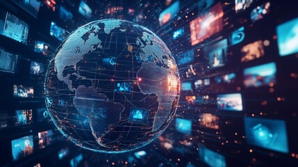 Abstract digital globe symbolizing global connectivity, featuring a network of connections and floating media content, illustrating the interconnectedness of modern communication technology.