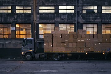 Boxes packed and loaded into large truck outside the warehouse logistics center