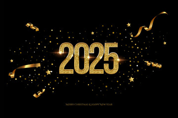 2025 Happy New Year greeting card vector template. Festive Christmas horizontal social media banner design with congratulations. Golden numbers with confetti realistic illustration on black background