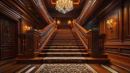 An opulent staircase hallway with a cascading chandelier above and rich wooden steps that lead to an intricately patterned carpet runner 32k