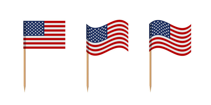 American flags on toothpicks. Paper mini flags of United States of America on wooden sticks. Isolated flagpoles on wood vertical stands. 3D realistic vector illustration set for food decoration.