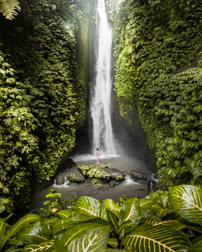 View of leke leke waterfall cascading through lush tropical forest, Bali, Indonesia.