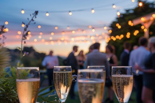 Elegant outdoor networking event with string lights illuminating