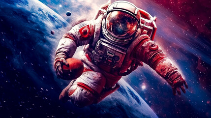 Fototapeta premium an astronaut catches an American football mid leap